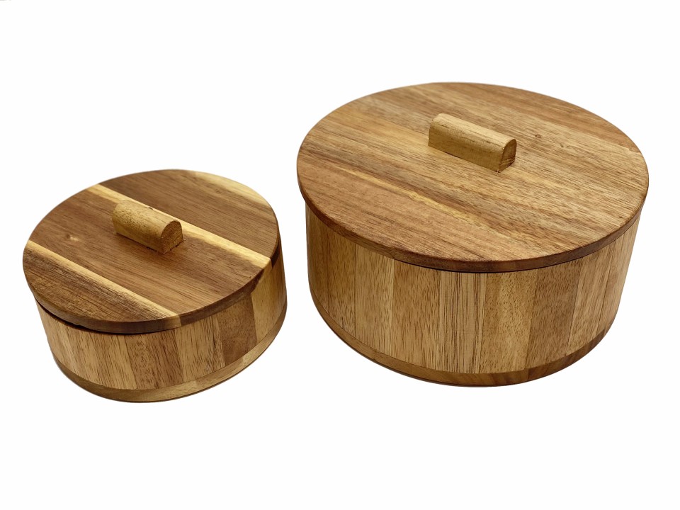 Acacia Wood Round Lidded Utility Boxes - 2 Piece Set